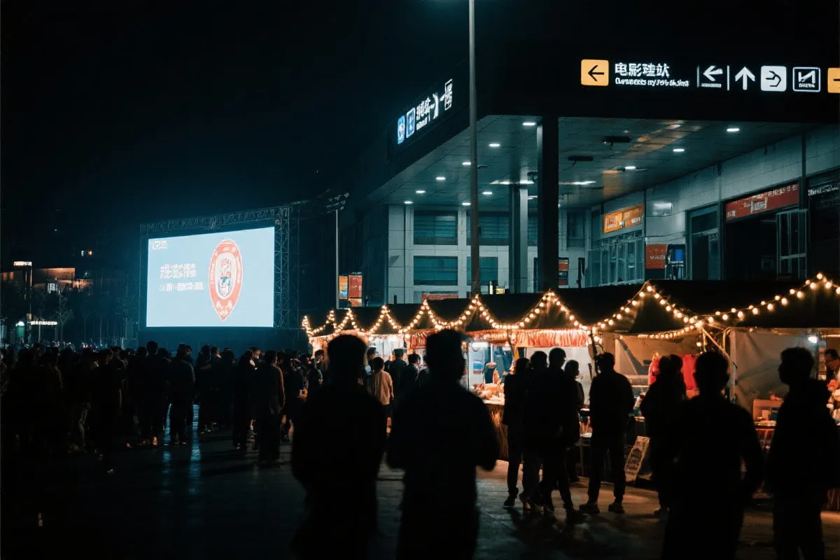 费城球迷广场夜景：大屏观赛人群、步行指示牌与公共交通入口